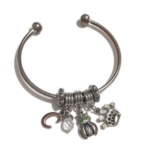 Vintage Silver Cuff Charm Bracelet with Owl, Crown, & Letter "C" w/ Crystal